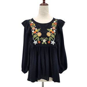 NEW In Loom Womens XS Top Embroidered Floral Tunic Peasant Black Multicolor Boho